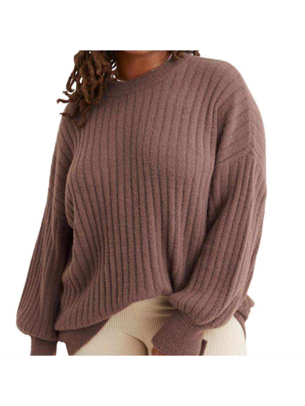 Aerie Brown Fuzzy Ribbed Oversized Sweater Soft Cozy Crewneck Knit Small Small